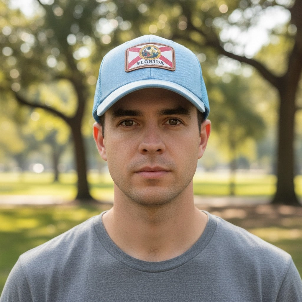 Man wearing a blue cap with a Florida flag design in a park setting