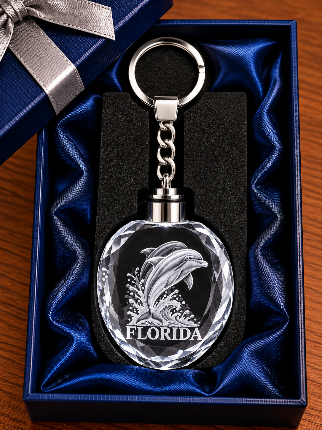  Florida oval crystal keychain with 3D laser-engraved dolphins in a blue gift box
   