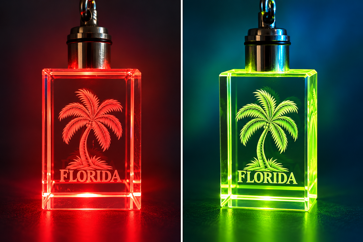 Florida palm tree crystal LED keychain shown illuminated in red and yellow-green
   