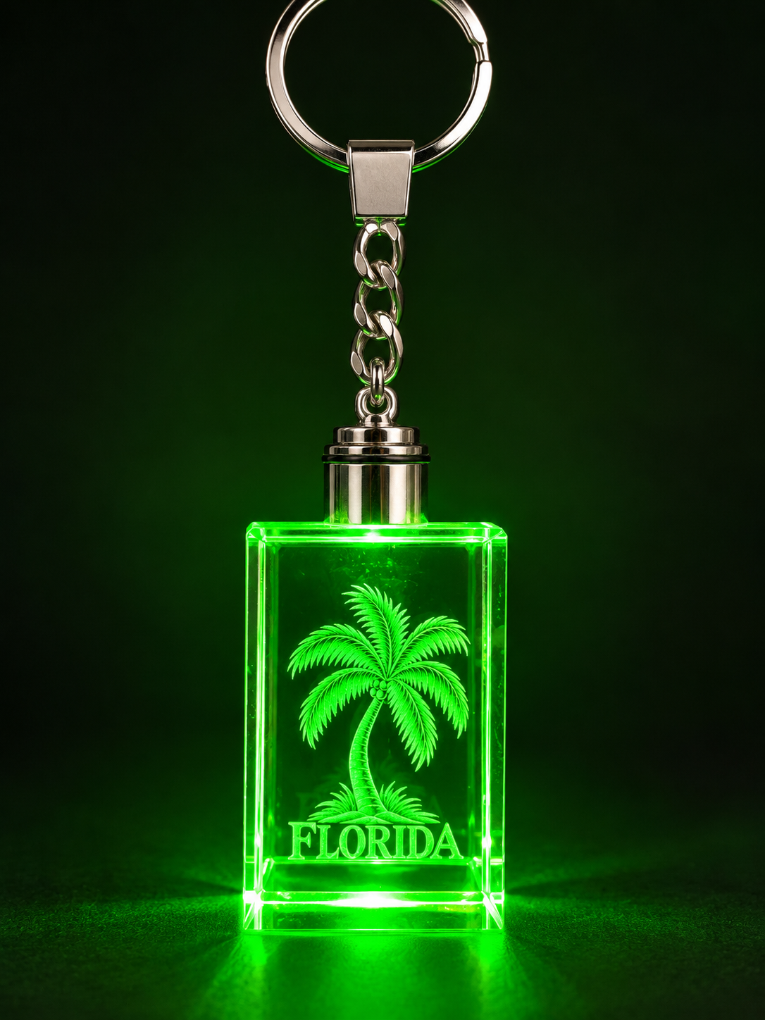   Florida rectangular crystal LED keychain with palm tree engraving illuminated in green
   