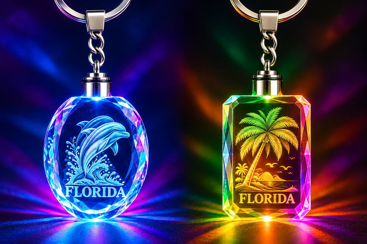 Florida Vibes 3D Laser-Engraved K9 Crystal LED Keychain – Palm Tree or Dolphins