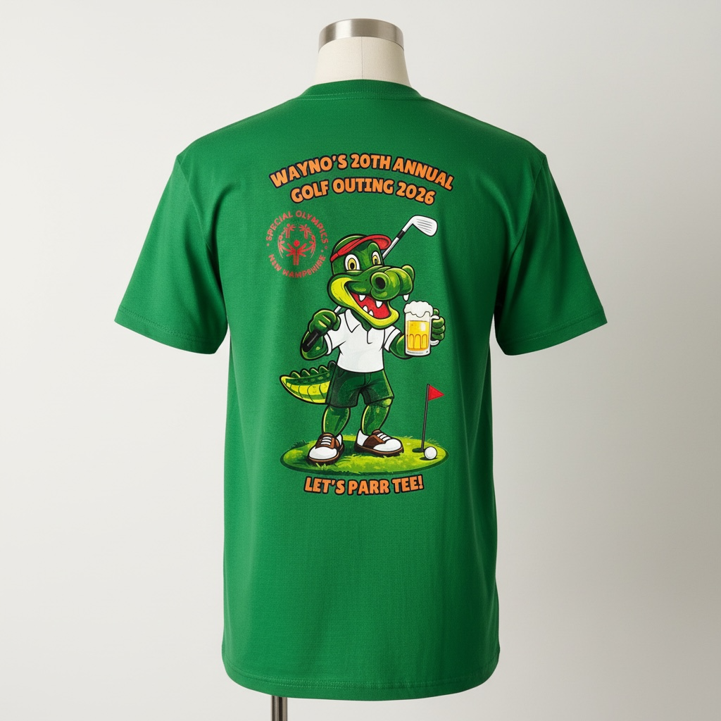 A green short-sleeve t-shirt displayed on a mannequin torso, showing the back side with a large cartoon alligator golf graphic and text reading 'WAYNO'S 20TH ANNUAL GOLF OUTING 2016' and 'LET'S PARR TEE!'.