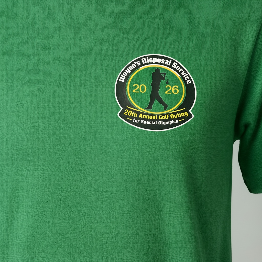 A close-up of a green athletic t-shirt featuring a circular black, yellow, and white graphic on the chest that reads 'Wbuno's Disposal Service 2026 20th Annual Golf Outing for Special Olympics'.