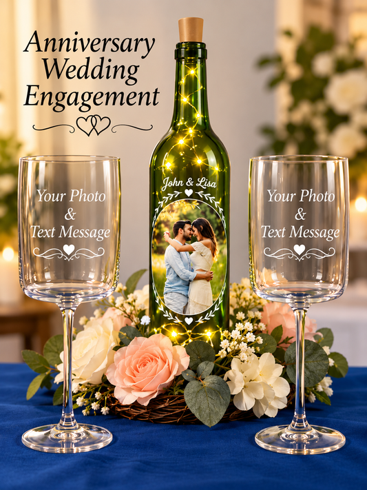 Personalized green wine bottle with your photo and two crystal wine glasses