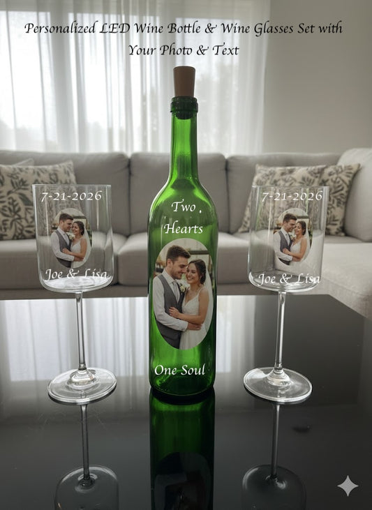 Personalized LED wine bottle and glasses set with photos and text on a table.