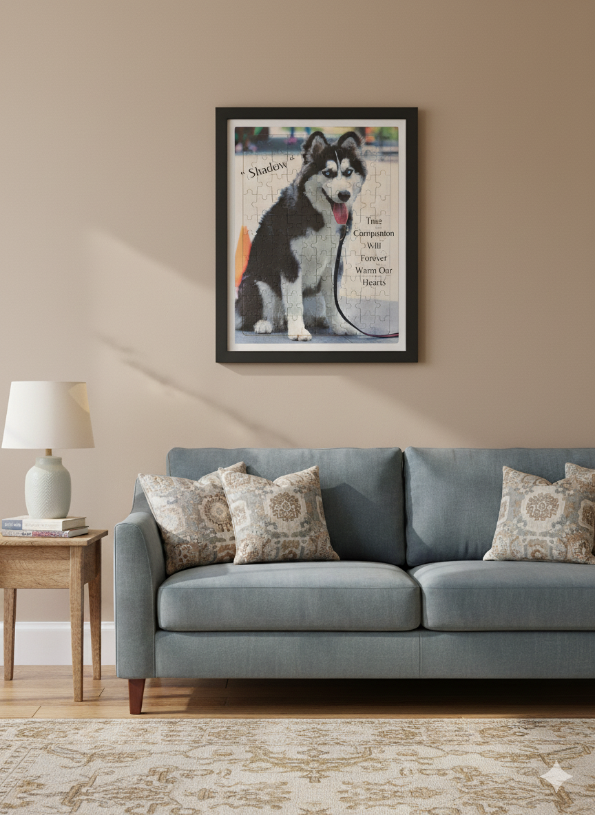 Framed jigsaw puzzle picture of a dog on a wall above a sofa in a living room.