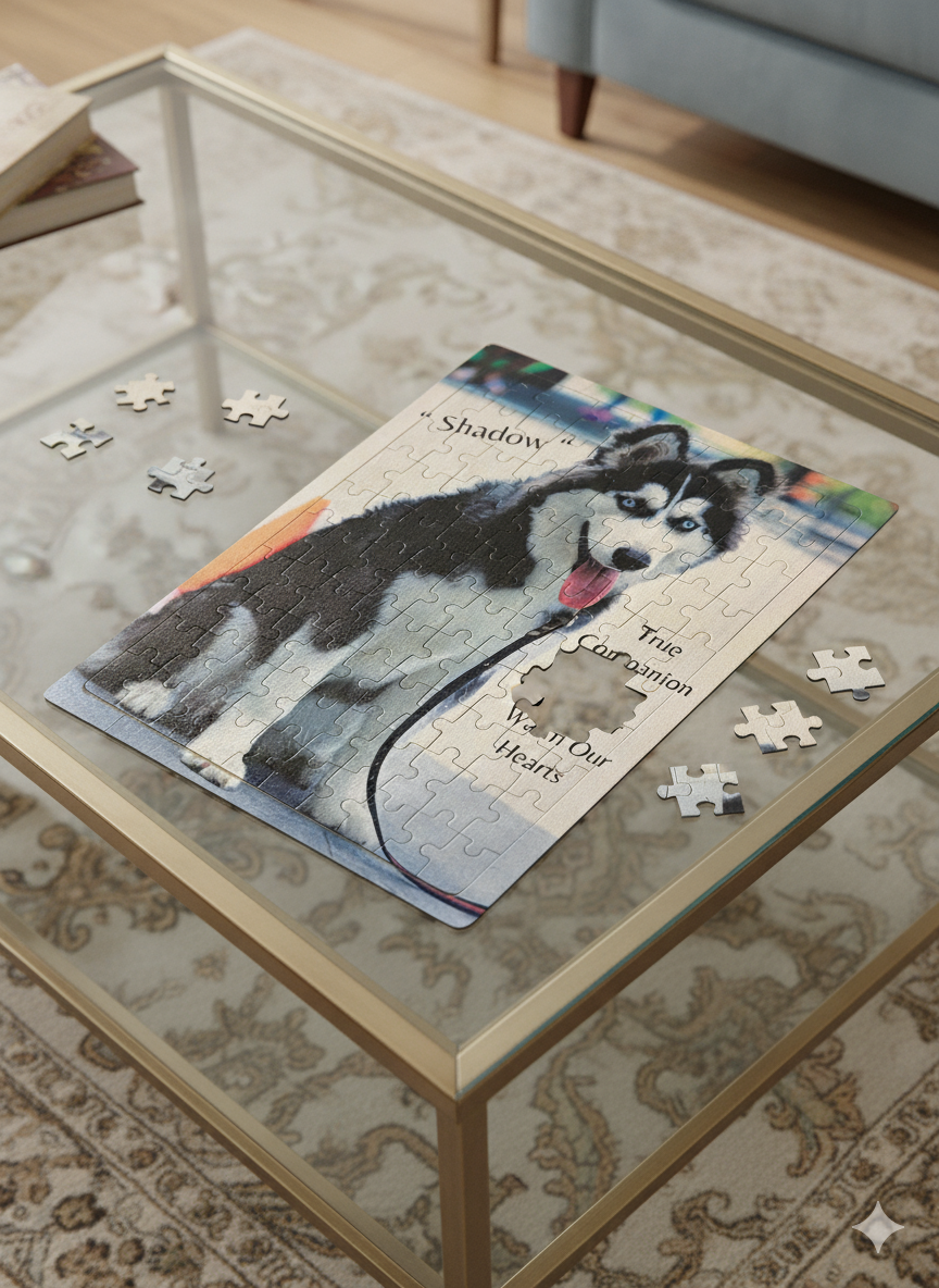 Jigsaw puzzle of a dog on a glass coffee table with a completed section.