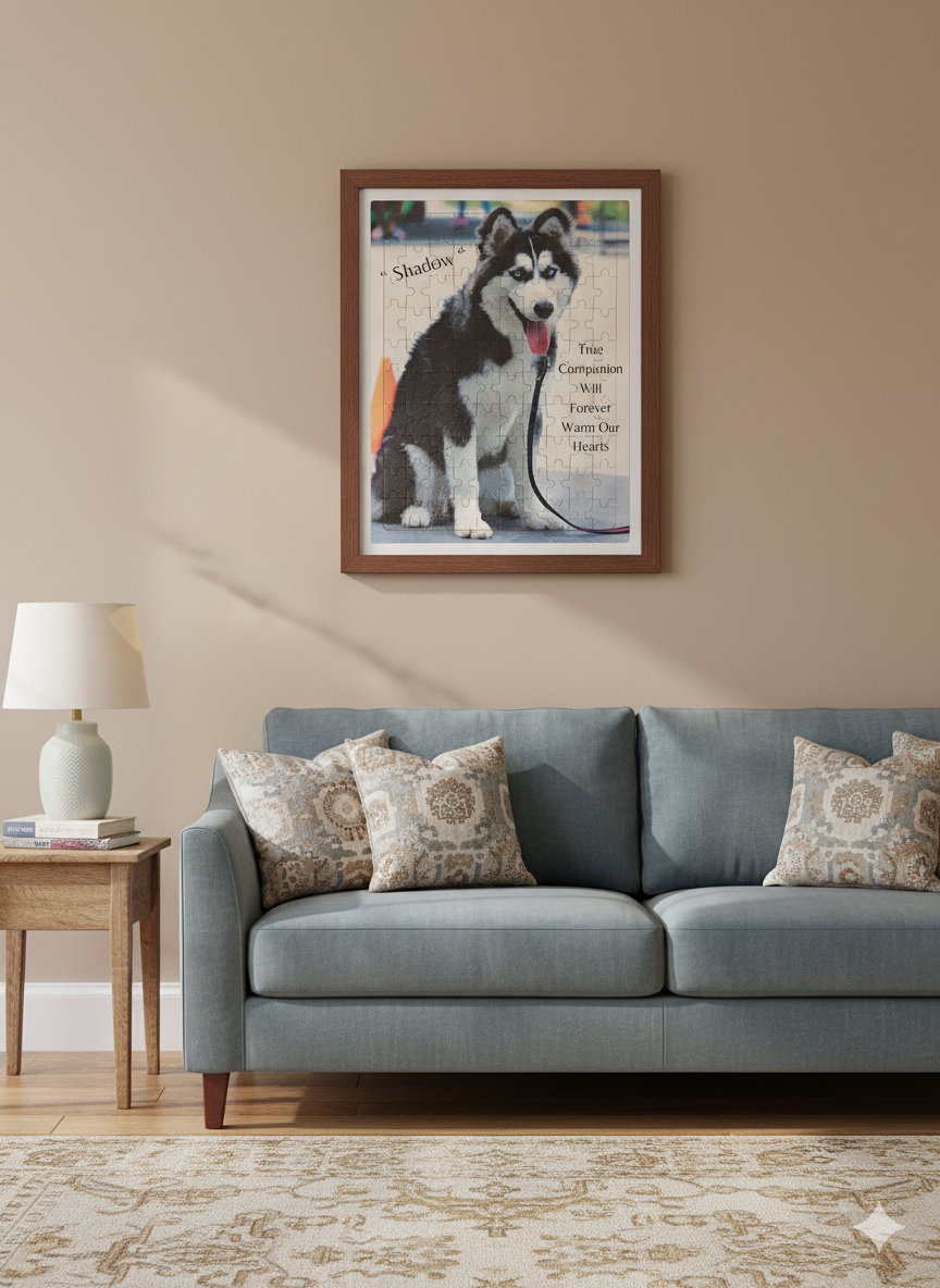 Framed jigsaw puzzle of a dog on a wall above a sofa in a living room.