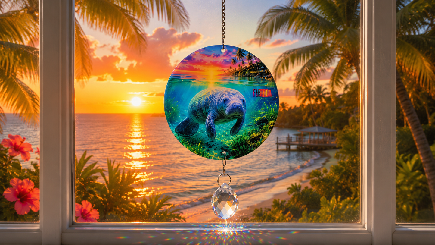 A circular suncatcher ornament featuring a colorful manatee and tropical beach scene, hanging in front of a window with a crystal ball charm below, set against a sunset beach backdrop with palm trees.