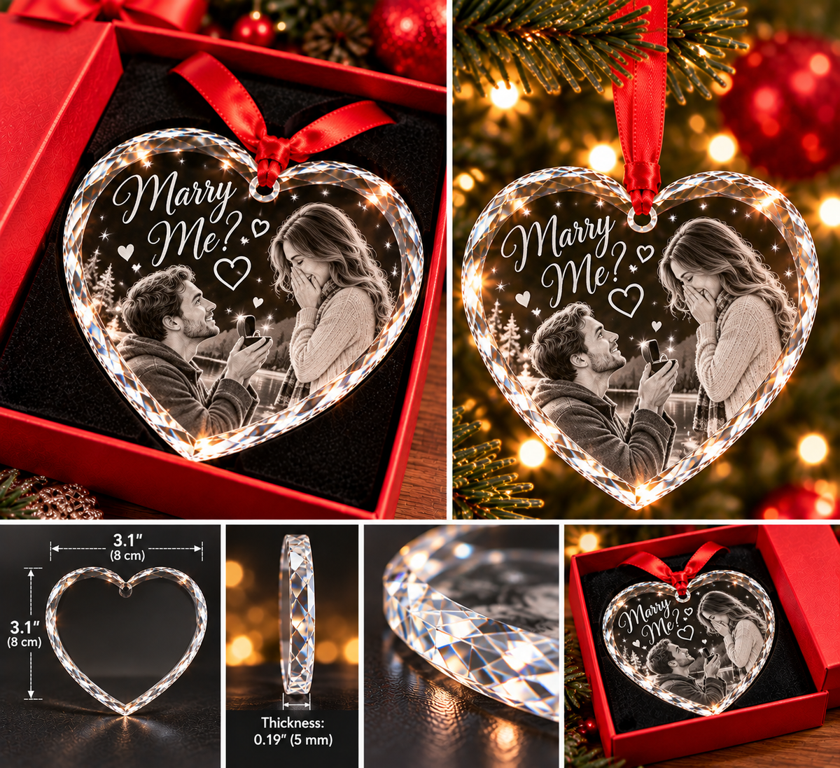 heart shaped crystal ornament with a couple sketched inside a gift box with dimensions and Marry Me text. 