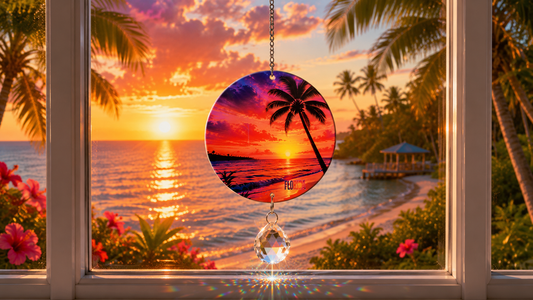 A circular tropical beach sunset hanging ornament with a palm tree silhouette, suspended in front of a window overlooking a beach scene at sunset.