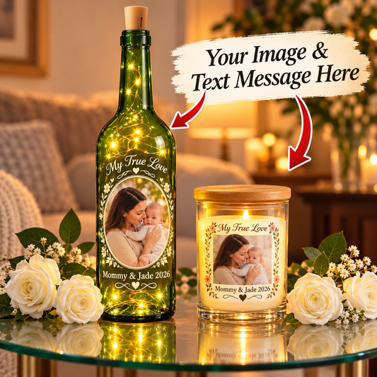Personalized green lighted wine bottle and flameless candle with mother-and-baby photos and custom text placement.