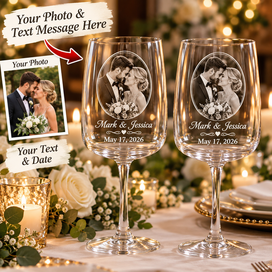 two personalized crystal wine glasses with your photo and text message
