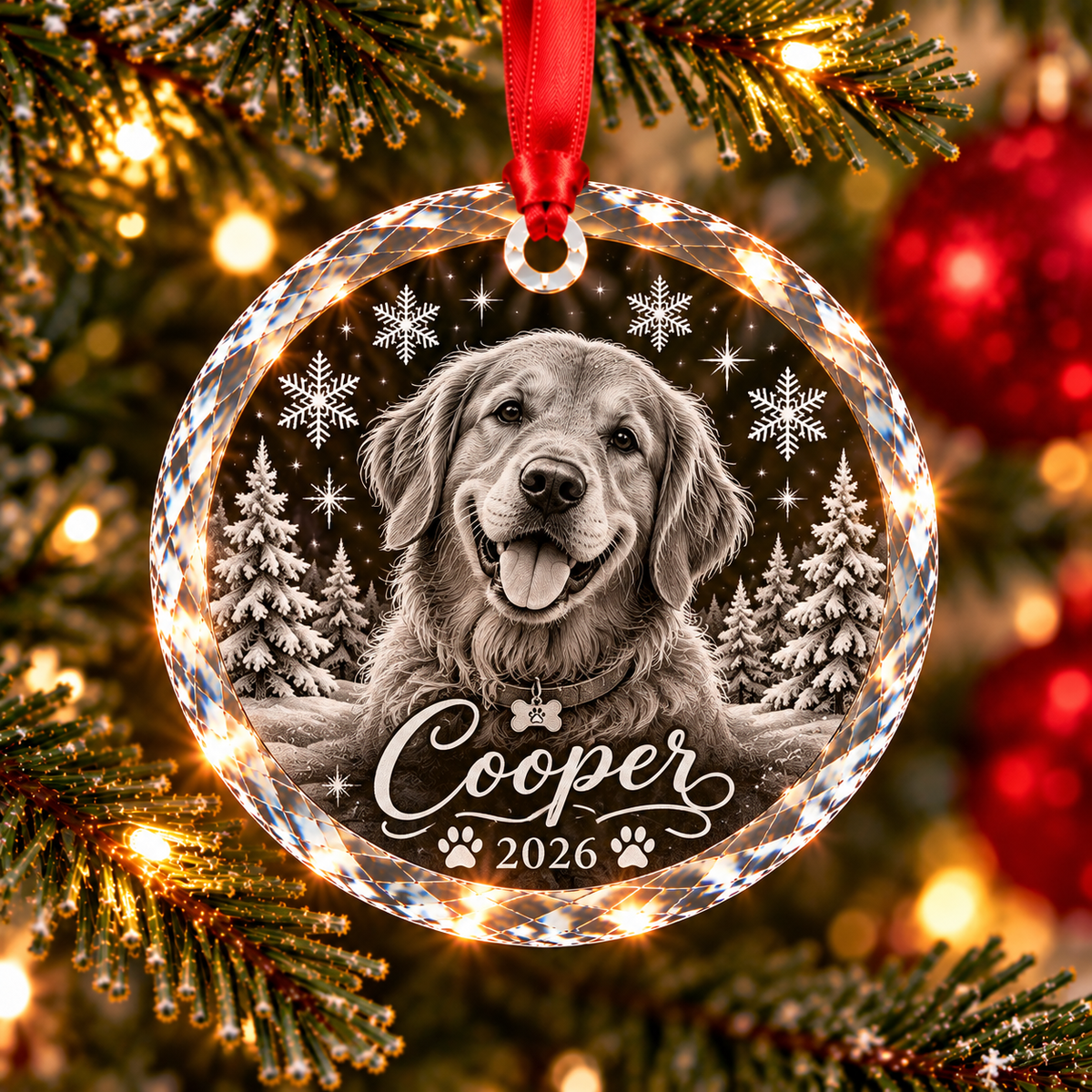 Round shaped crystal ornament with a golden retriever dog with his name and date. 