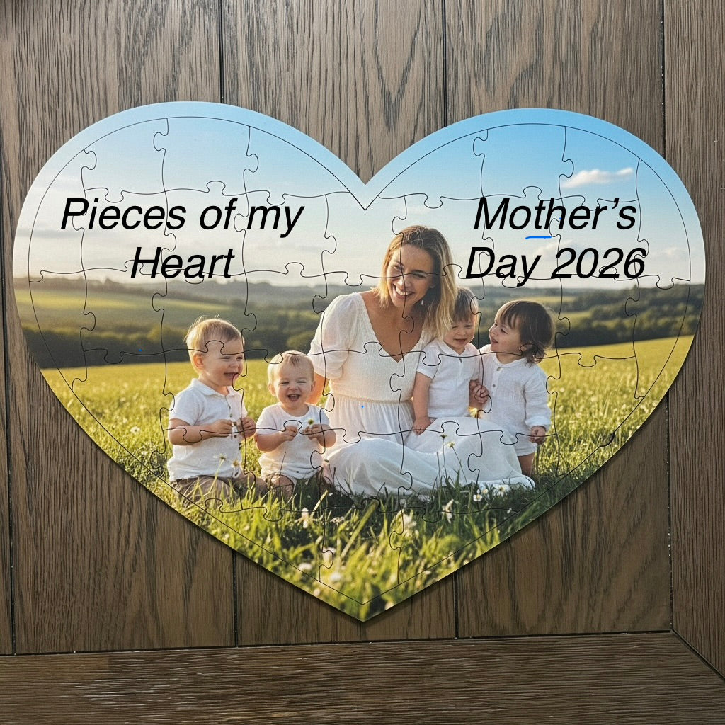 Heart-shaped Mother's Day puzzle with a photo of a woman and children in a field.