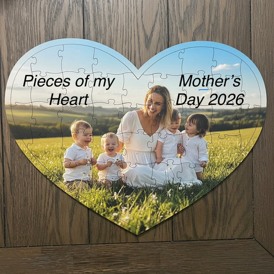 Heart-shaped Mother's Day puzzle with a photo of a woman and children in a field.