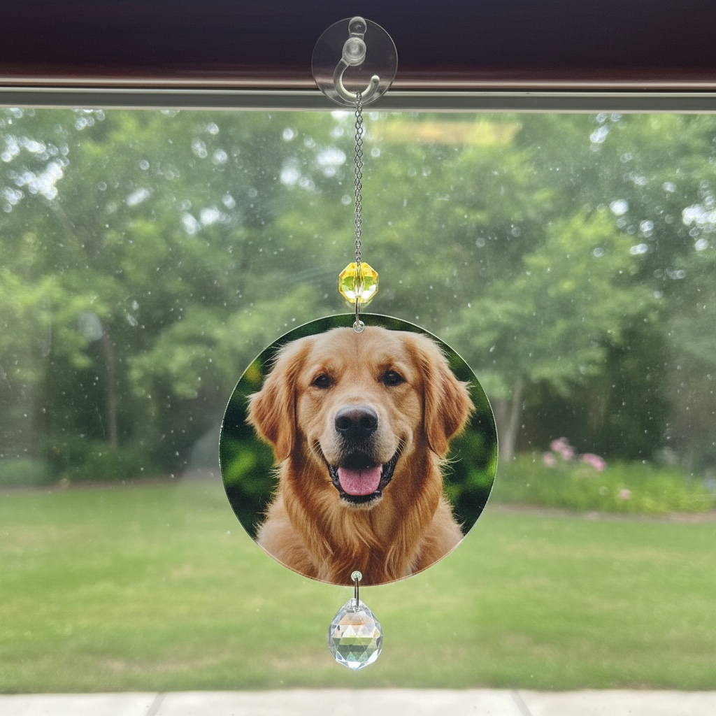 A circular dog portrait suncatcher hanging from a clear suction cup on a window. The center features a printed portrait of a golden retriever, with a clear faceted bead below and a small yellow-green bead above, set against a blurred green outdoor background.