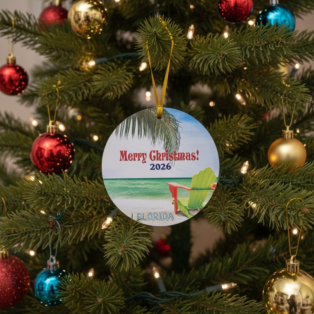 A personalized round Christmas ornament hanging on a decorated Christmas tree. The ornament features a beach scene with palm leaves, a red chair, and the text 'Merry Christmas! 2026' and 'FLORIDA'.