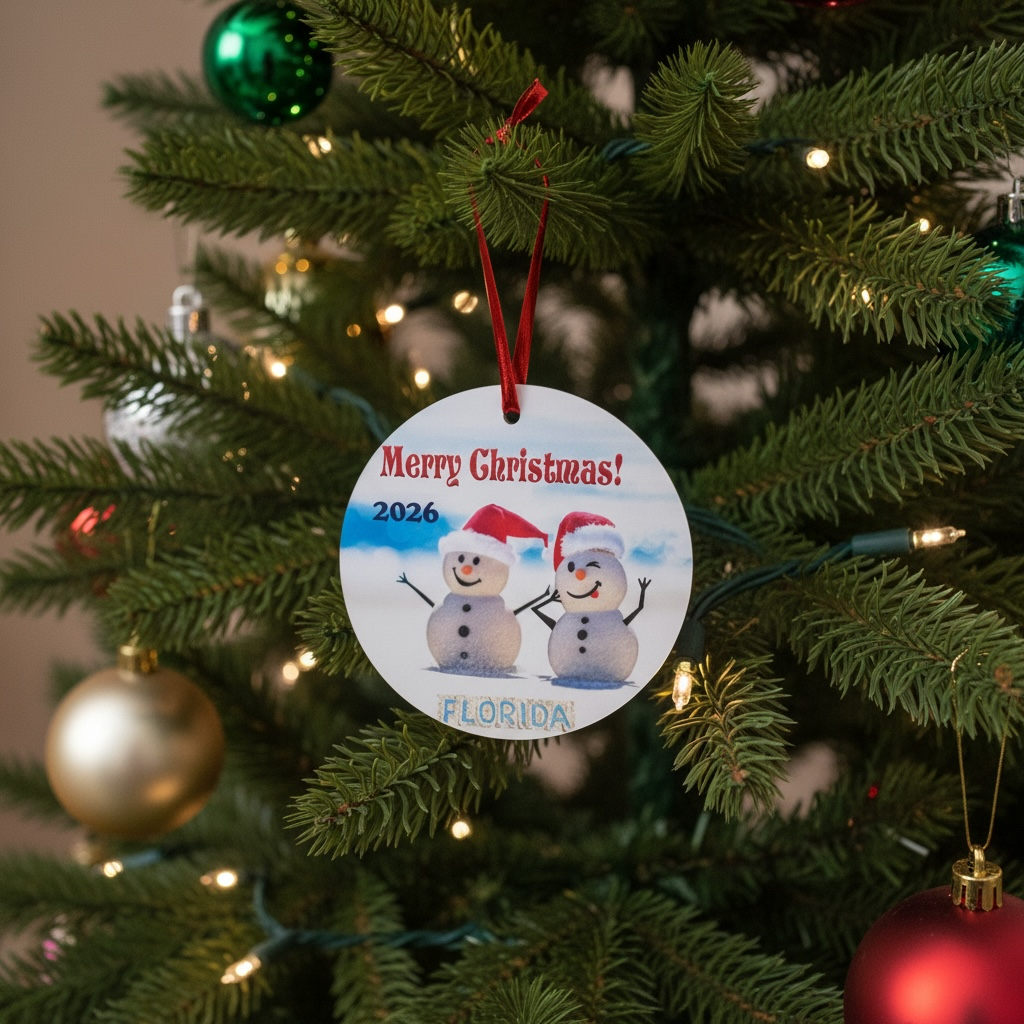 A personalized round Christmas ornament hanging on a decorated Christmas tree. The ornament features two snowmen wearing Santa hats, the text 'Merry Christmas! 2026' and 'FLORIDA' on a light blue sky background, suspended by a red ribbon.