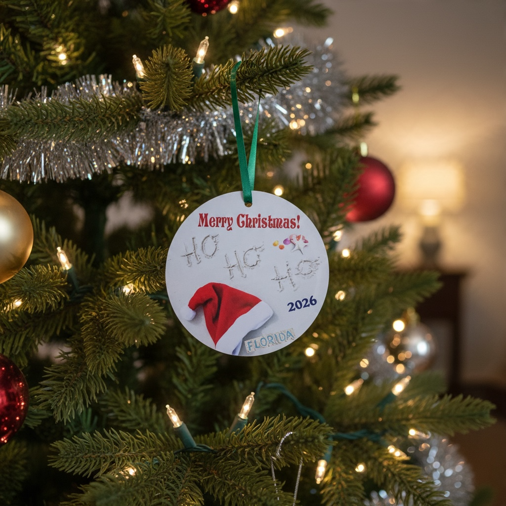 A personalized round Christmas ornament hanging on a decorated Christmas tree. The white ornament features the text 'Merry Christmas!' in red, 'Ho Ho Ho' in silver glitter-style lettering, a red and white Santa hat, and '2026' and 'FLORIDA' printed in blue.