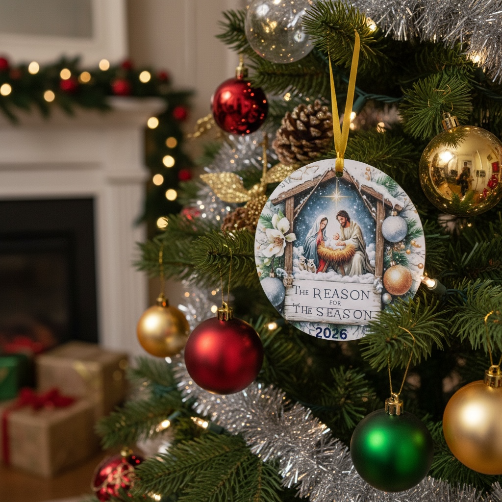 A round Christmas ornament featuring an illustration of the Holy Family hangs on a decorated Christmas tree. The ornament has a gold ribbon and is surrounded by red, gold, and green baubles, with a softly blurred holiday background.