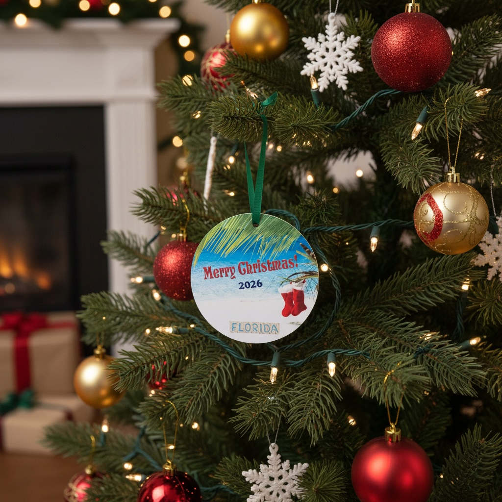 A personalized round Christmas ornament hanging on a decorated Christmas tree. The ornament features a winter landscape illustration with the text 'Merry Christmas 2026' and 'ORLANDO' in red letters, surrounded by red and gold baubles, white snowflakes, and warm holiday lights.