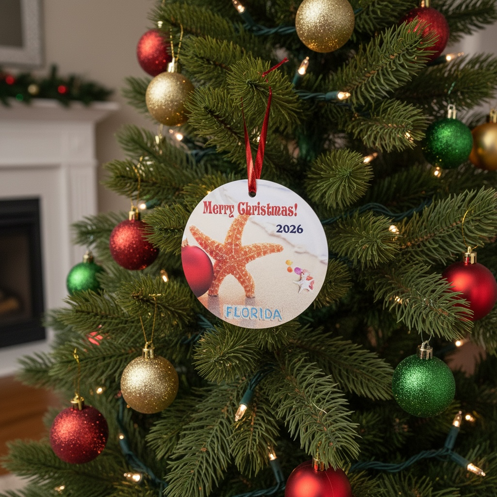 A personalized round Christmas ornament hanging on a decorated Christmas tree. The ornament features a printed photo of a beach scene with an orange starfish and the text 'Merry Christmas! 2026' and 'FLORIDA'.