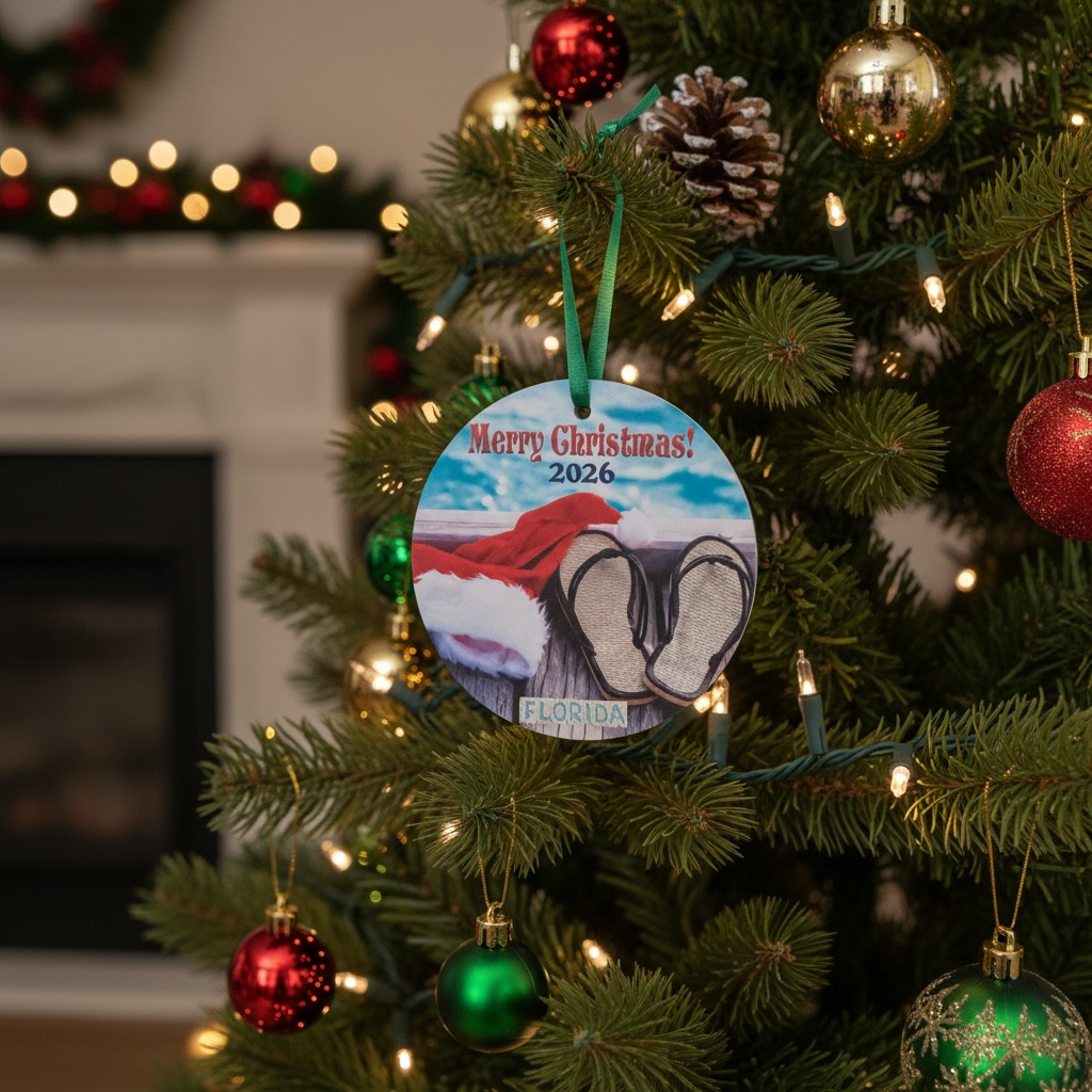A personalized Christmas ornament hanging on a decorated Christmas tree in front of a fireplace. The round ornament features a printed illustration of a person wearing red and gray boots with the text 'Merry Christmas! 2026' and 'ORLANDO FL'.
