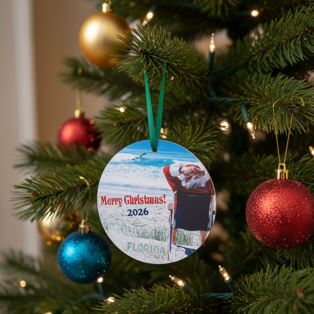 A personalized round Christmas ornament hanging on a green Christmas tree. The ornament features a printed photo of a man relaxing in a beach chair on Florida sand, with 'Merry Christmas! 2026' and 'FLORIDA' printed on it.