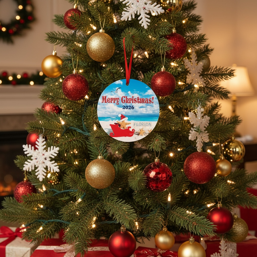 A personalized Christmas ornament hanging on a decorated Christmas tree in a cozy living room. The round ornament features a blue sky background with a Santa Claus sleigh carrying a golden teddy bear, with the text 'Merry Christmas! 2026' and 'ORLANDO' written on it.