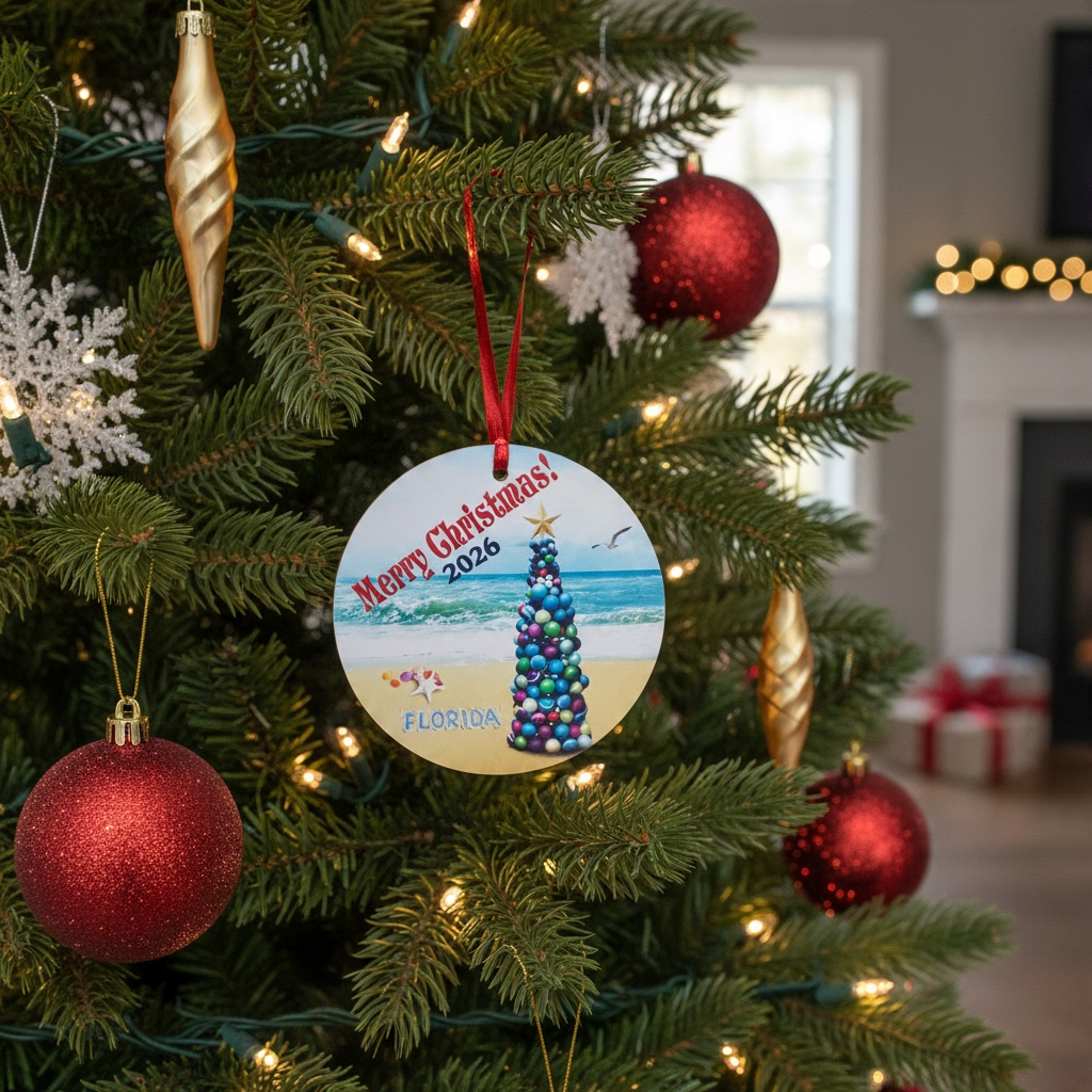 A personalized round Christmas ornament hanging on a decorated Christmas tree. The ornament features a colorful beaded Christmas tree on a beach with the text 'Merry Christmas, 2026' and 'ORLANDO FL'.