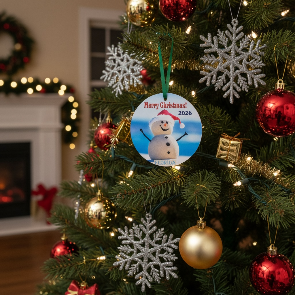 A personalized round Christmas ornament featuring a snowman and the text 'Merry Christmas! 2026' hangs on a decorated Christmas tree with red, gold, and silver ornaments.