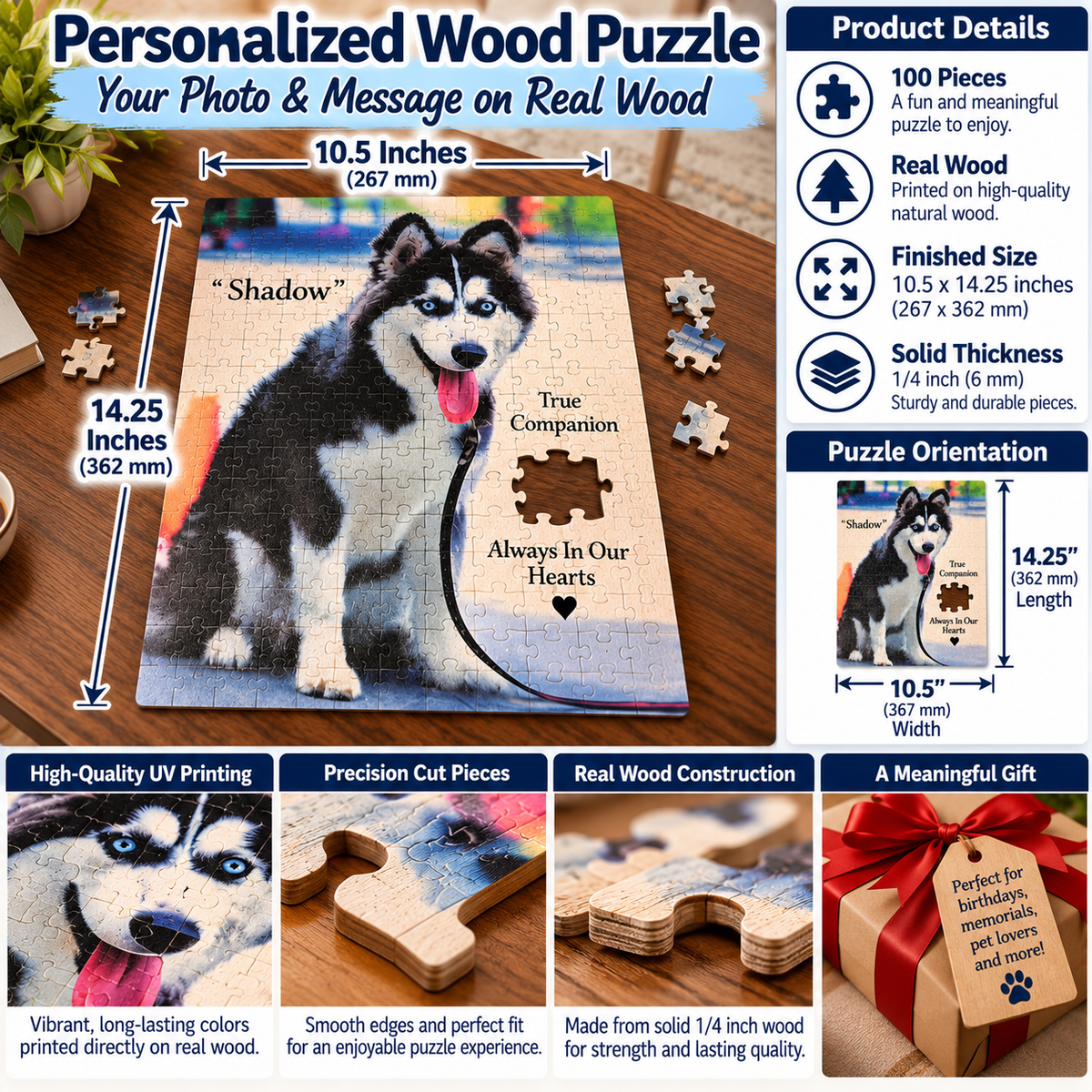 Dimensions for a 100 piece framed puzzle measuring at 10.5 wide by 14.25 long. 