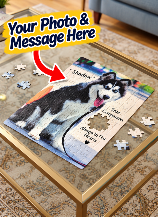 100 piece puzzle of a custom photo of a dog that says True companion always in our hearts. 