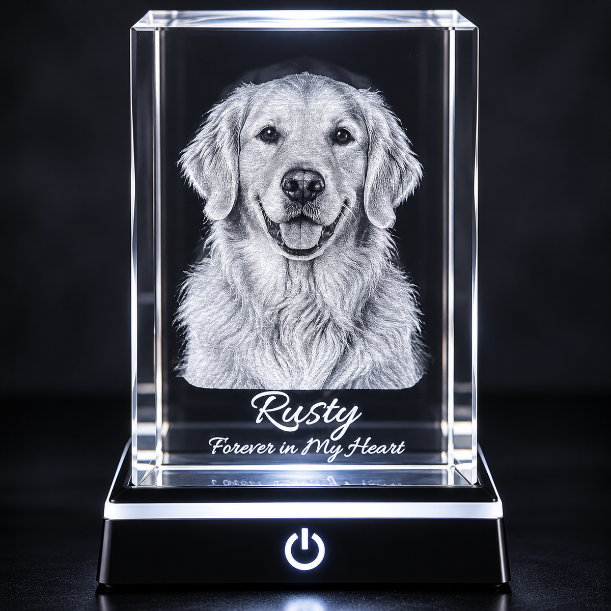 Personalized K9 crystal with an engraved dog portrait and “Rusty, Forever in My Heart” on a white LED lighted base.