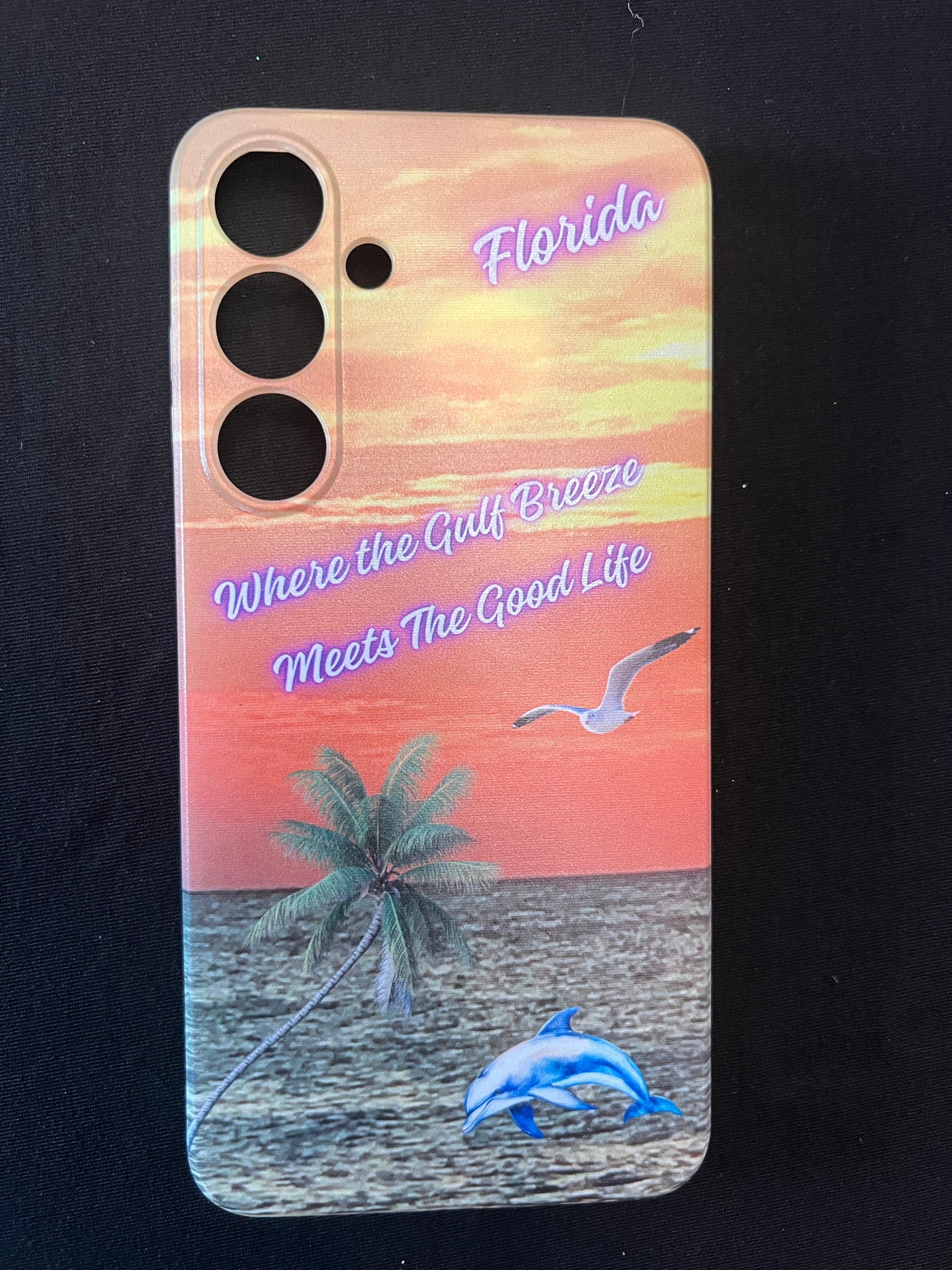 Phone case with Florida design featuring palm tree, fish, and text on a black background
