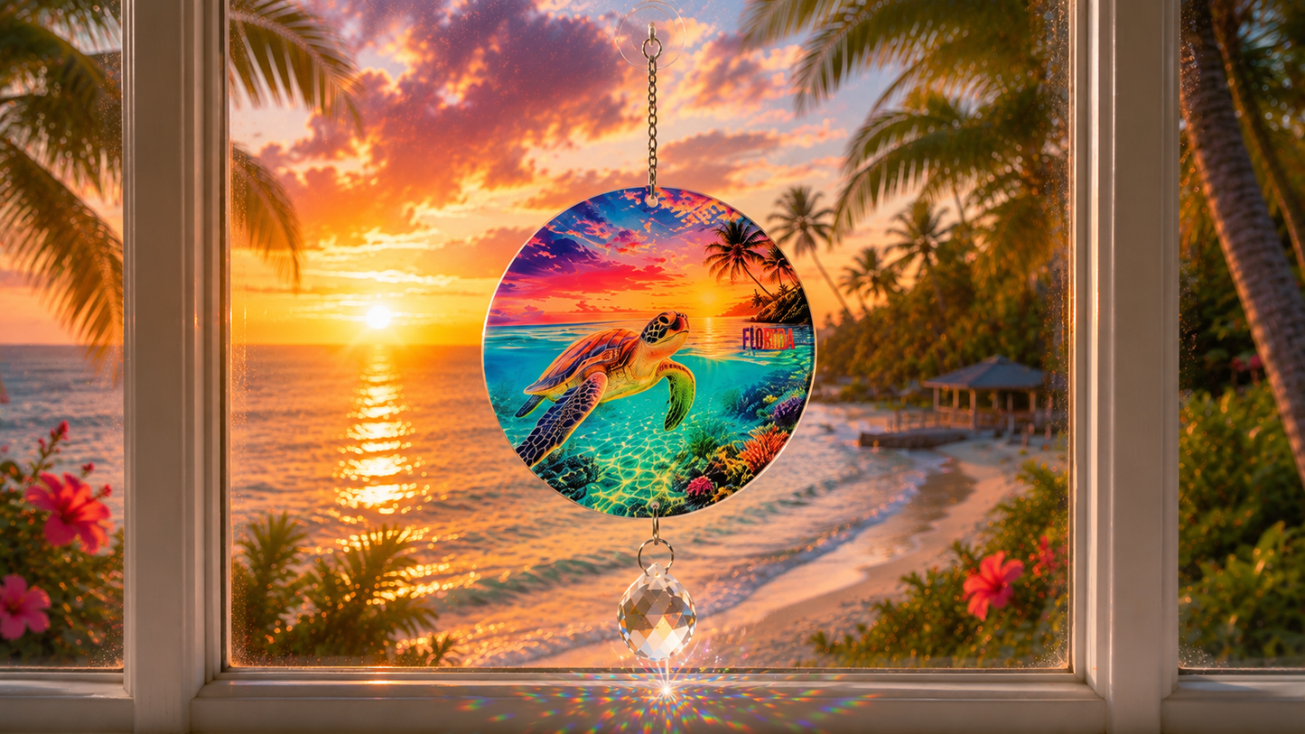 A circular suncatcher or wall hanging with a colorful sea turtle and tropical beach scene, suspended by a chain in front of a window overlooking a sunset beach with palm trees.