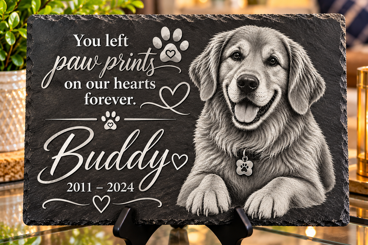 sketch print of a dog and you left paw prints on our hearts forever with the date slate on a wooden stand 