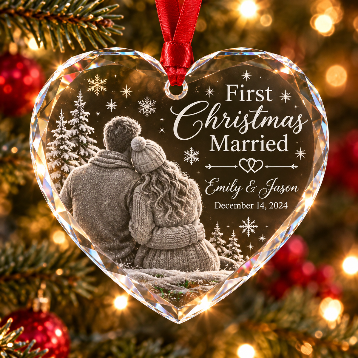 First Christmas married heart shaped ornament with couples names and date. 