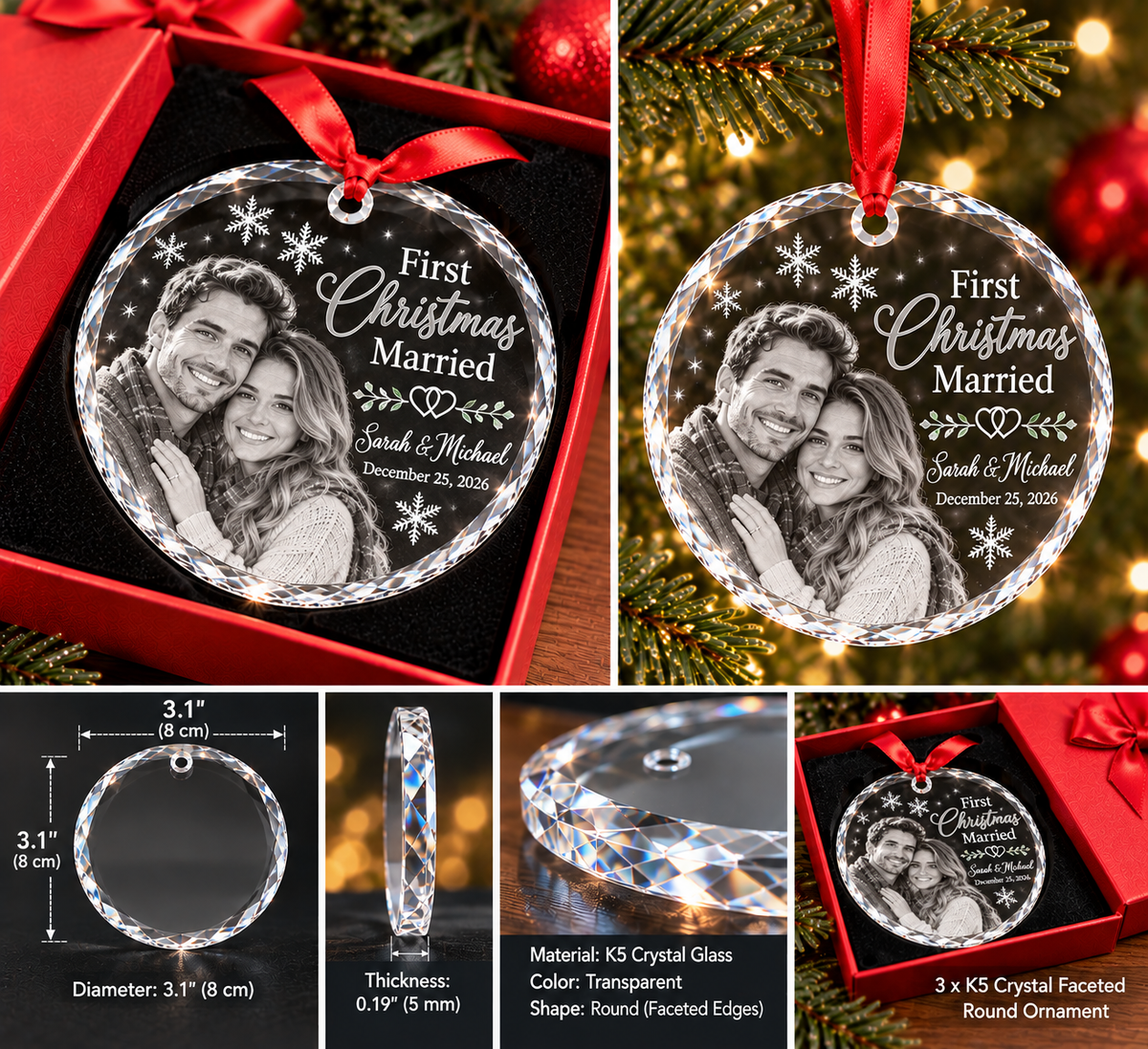 First Christmas Married ornament with a couple and their names and date. Also dimension of the ornament. 