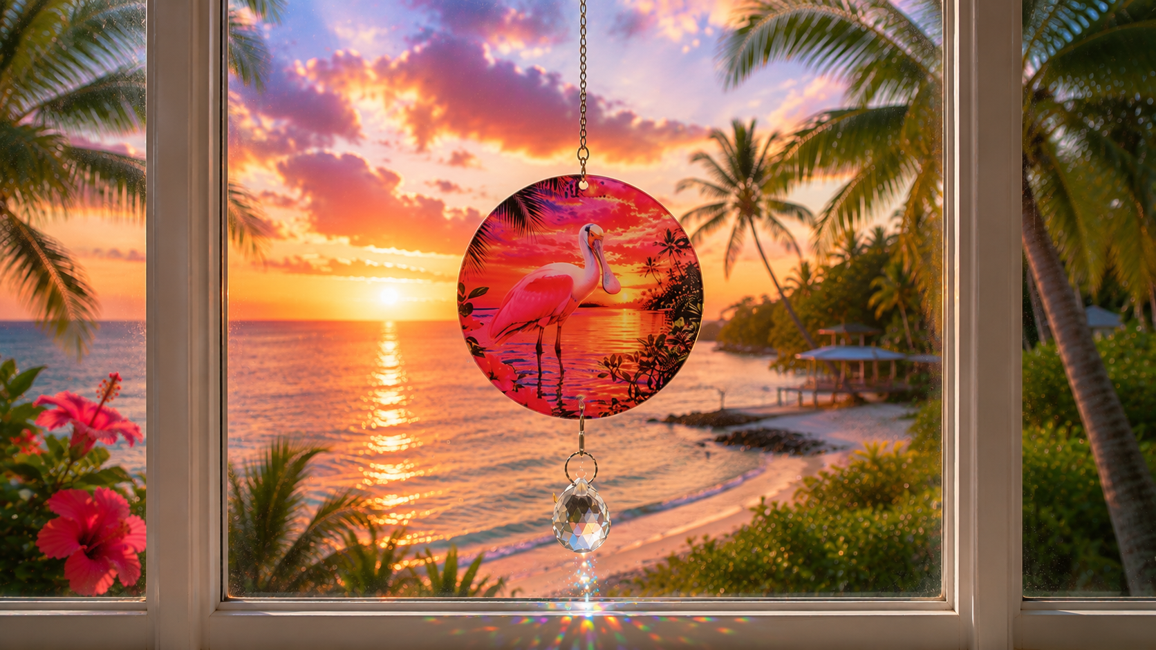 A circular tropical suncatcher with a pink flamingo design hanging in front of a window, showing a beach sunset scene outside with palm trees and ocean waves.