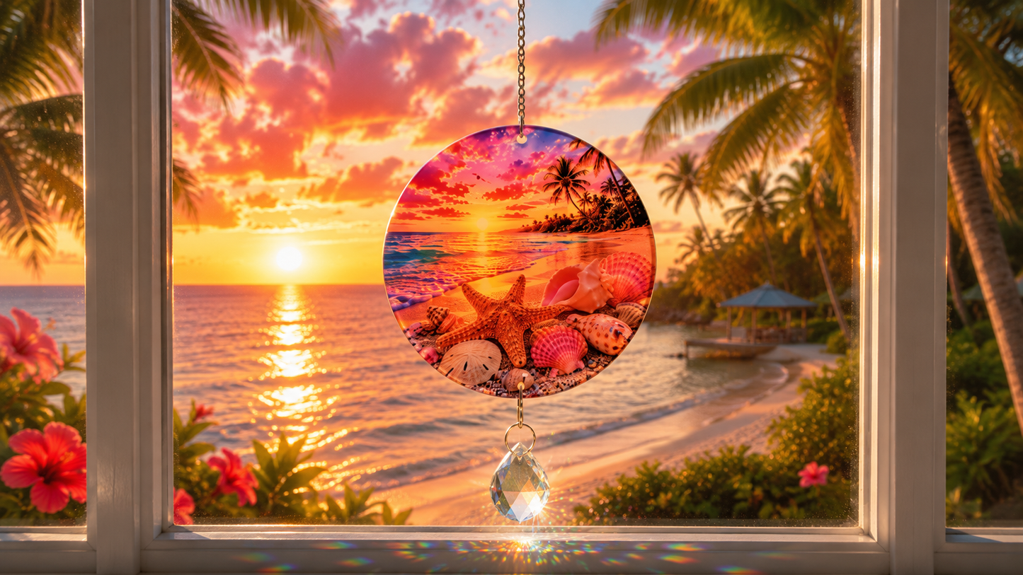 A circular tropical beach-themed suncatcher with seashells and starfish hangs in front of a window, showing a colorful sunset ocean scene with palm trees.