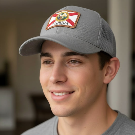 Man wearing a gray cap with a Florida patch on a blurred background
