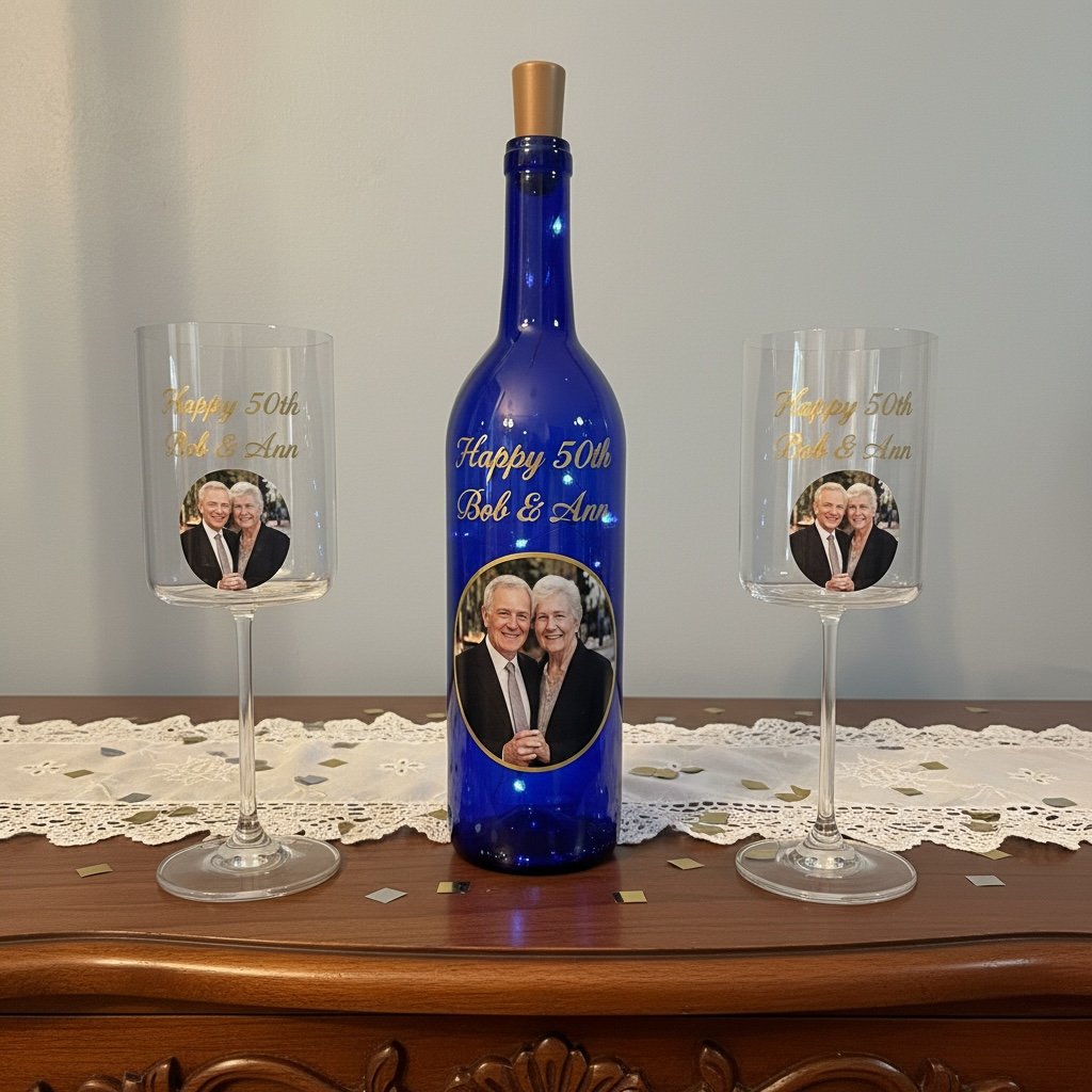 Custom Wine Bottle Decor and Crystal Glass Set