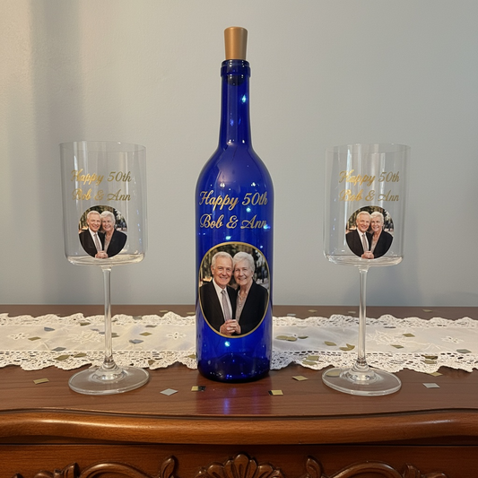 Personalized LED Wine Bottle Decor & Crystal Glass Gift Set