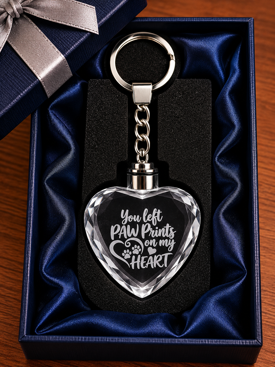 Heart-shaped crystal pet memorial keychain engraved with “You Left Paw Prints on My Heart” in a blue gift box.