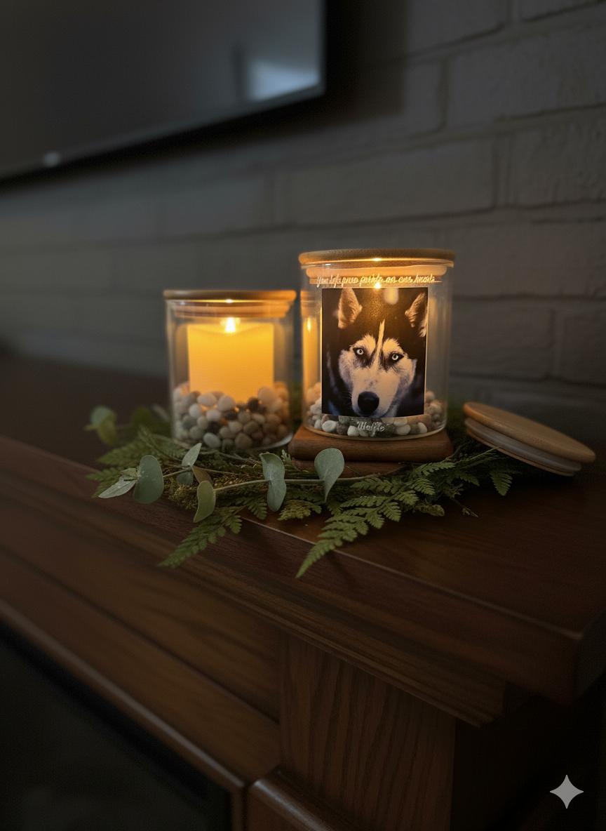 Two lit candles on a mantle with a photo of a dog  in memory of, mans best friend.