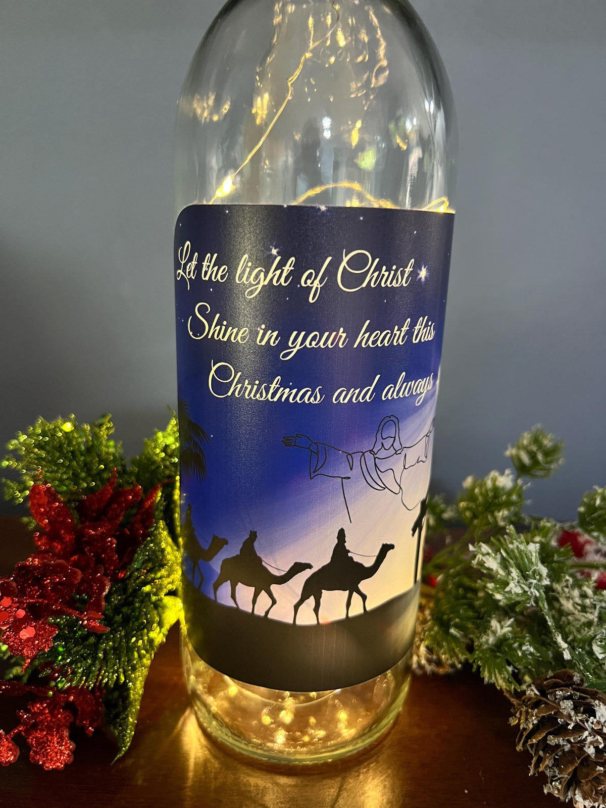 Lighted Wine Bottle | Christian Christmas Decor | Inspirational Gift