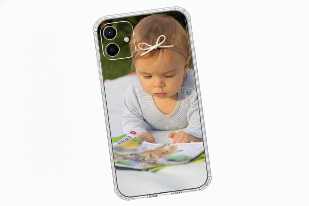 Phone case with a photo of a baby on a white background