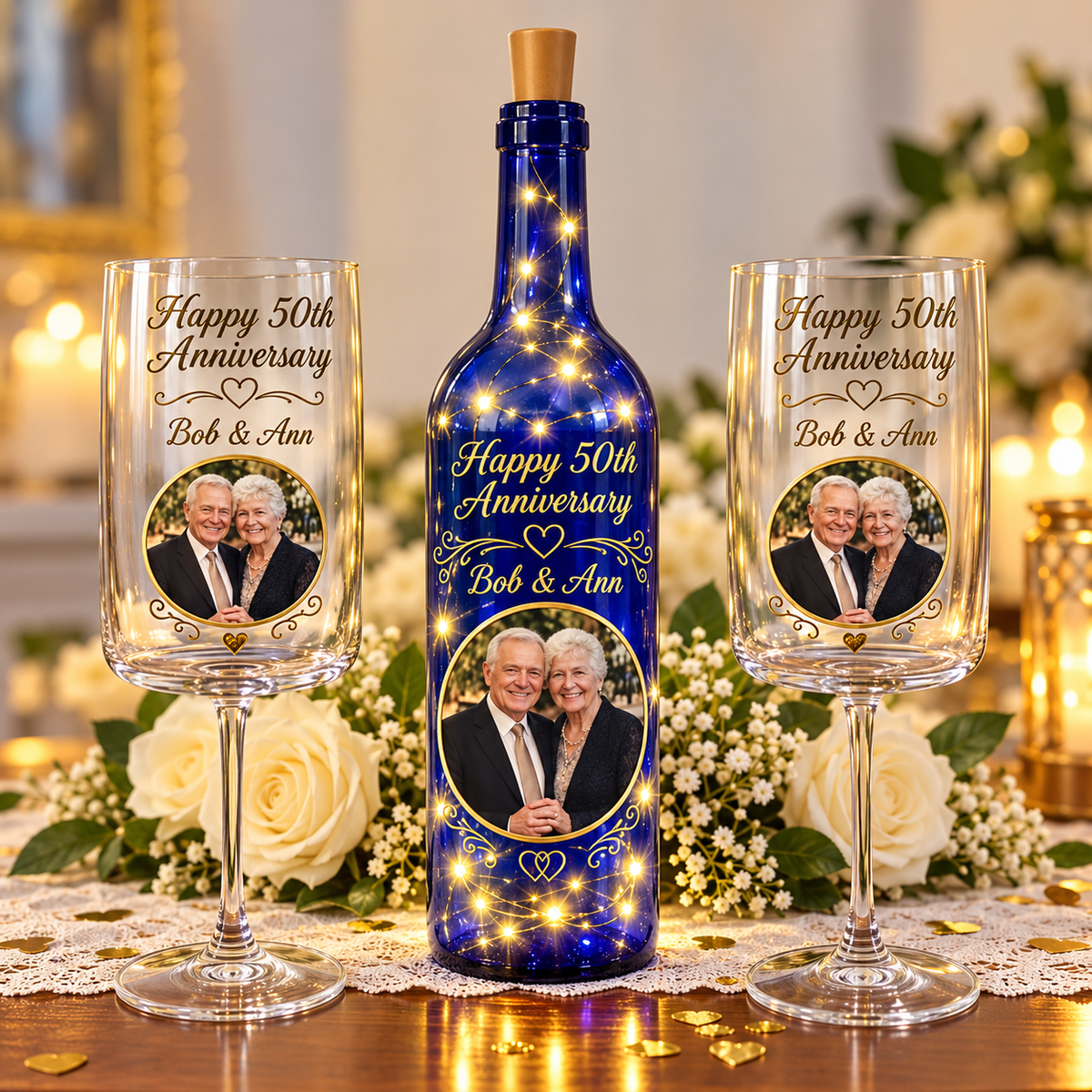 Blue decorative wine bottle with led lights and Happy 50th anniversary on it with photo and matching wine glasses. 